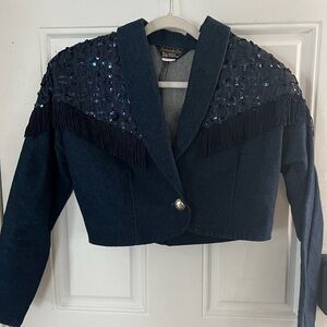 VINTAGE PANHANDLE SLIM DENIM cropped jacket sequins tassels navy SzM